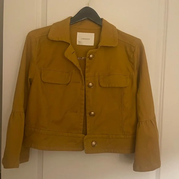 Anthropologie. NORA flounce sleeve trucker cropped jacket in mustard yellow - Picture 2 of 10